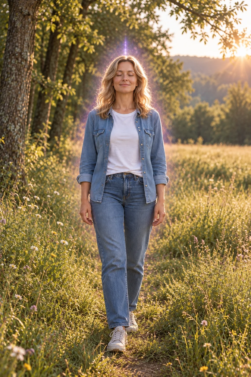 Illustrative portrait of a blonde woman in a T-shirt and jeans, with her full head and a symbolic violet crown glow visible in a sunlit meadow